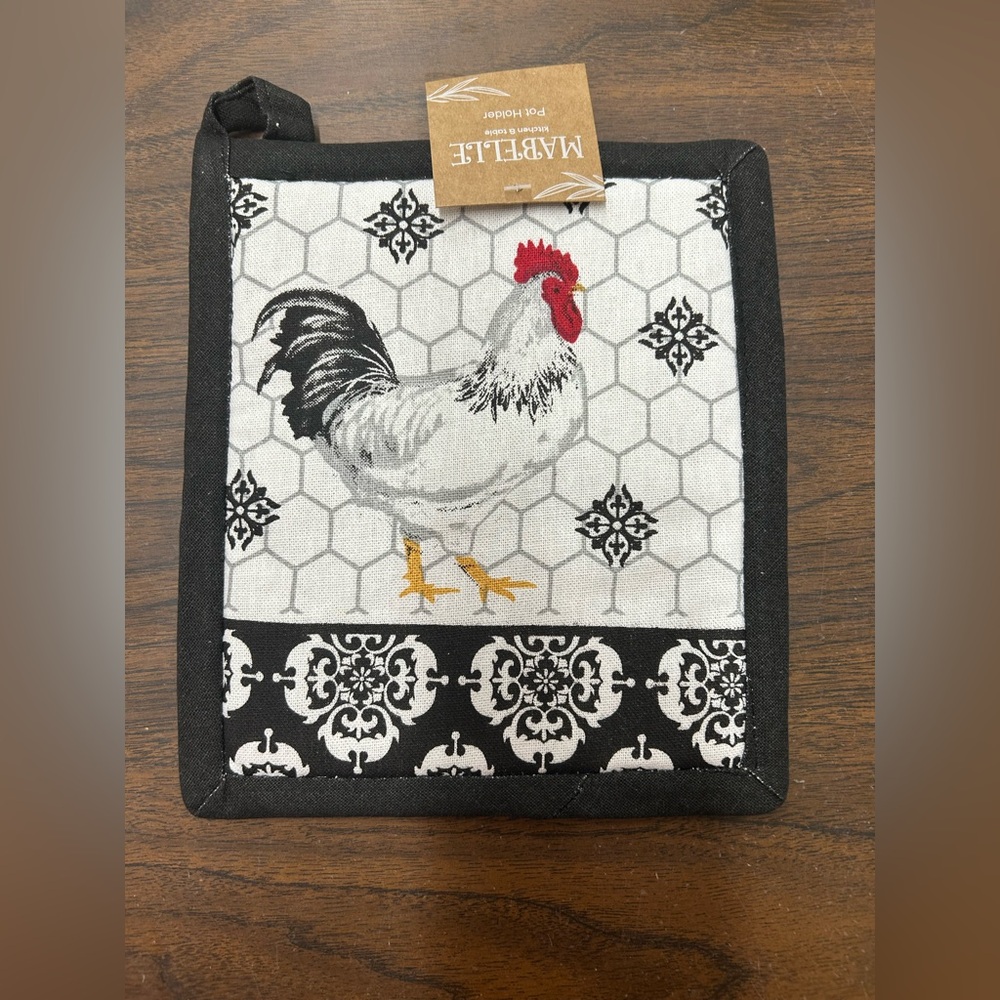 New Mabelle Rooster Print Potholder - Black, White & Red -8in x 7in